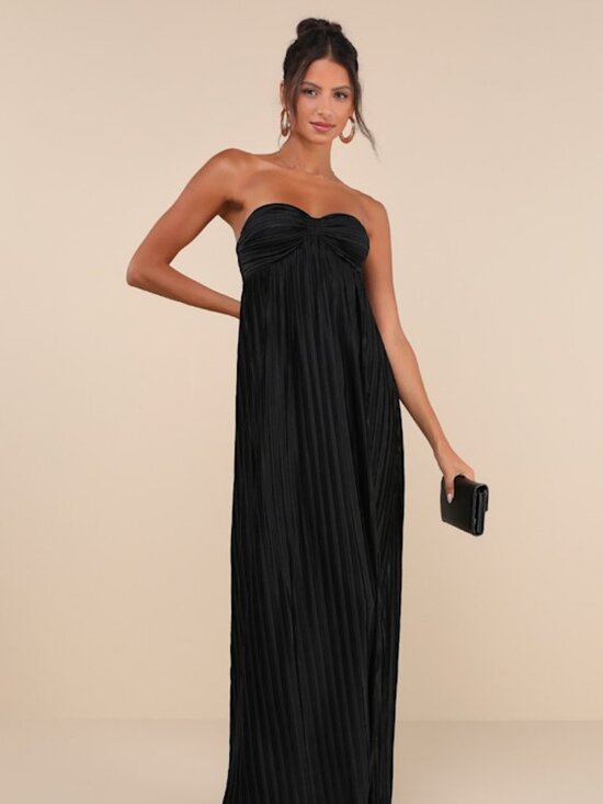 Lulus Dresses & Skirts - Lulus Whimsical Beauty Black Satin Plisse Strapless Maxi Dress - Size XXL